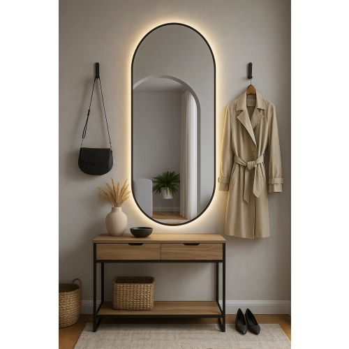 Lustro VELVET OVAL – Owalne Lustro w Matowej Czarnej Ramie MDF z podświetleniem LED do Sypialni, Przedpokoju i Salonu Biura